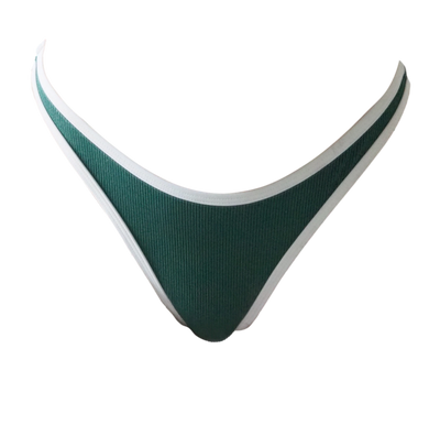 A rear view of a person wearing a high-waisted, cheeky bikini bottom with zigzag stitches in an emerald color.